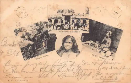 B431 Ceylon Sri Lanka 1898 Ayah Ureinwohnerhütten Steinmetztempel ethnische Postkarte