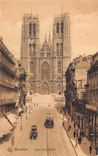 Belgien 1914 Bruxelles Brüssel Eglise Ste Gudule Straßenbahn Kutsche Vintage Postkarte