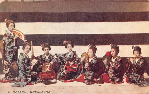 A687 Japan Geisha Orchester Musikinstrument Flöte Tamburin Darbuka Postkarte