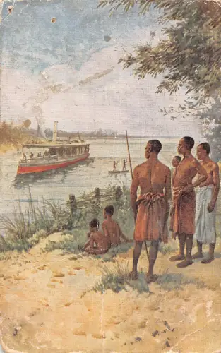 Nigeria Kunst afrikanische Ureinwohner warten auf Dampfschiff ethnische Vintage Postkarte
