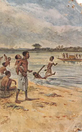 Nigeria Kunst afrikanische Ureinwohner Kinder Jungen spielen im Flussboot Vintage Postkarte