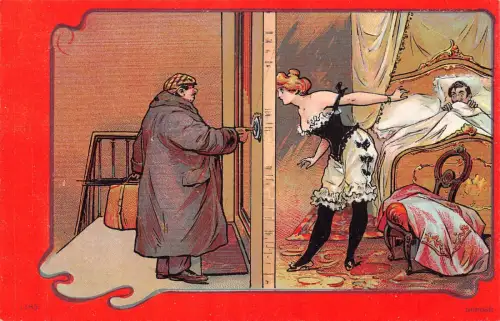 L474 Betrügende Frau Comic Humor Akt Risque Vintage Postkarte