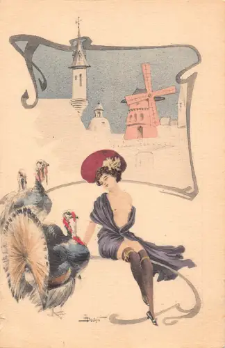 L474 Jugendstil Dame Truthähne Moulin Rouge signiert Bouhin Akt gewagte Postkarte