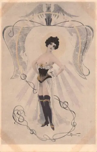 L474 Jugendstil Lady Glamour signiert Bouhin Akt gewagte Vintage Postkarte