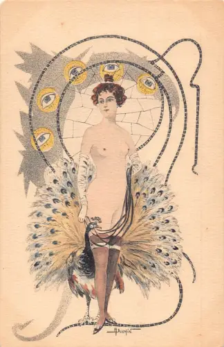 L474 Jugendstil Pfau Dame Glamour signiert Bouhin Akt gewagte Vintage Postkarte