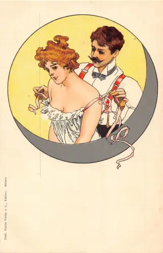 L474 Jugendstil Glamour Paar zieht sich aus Akt gewagte Vintage Postkarte