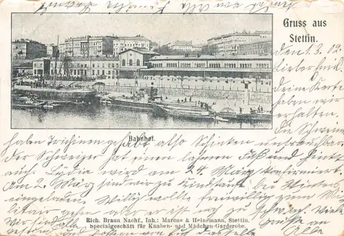 Polen 1902 Stettin Gruss aus Stettin Bahnhof Dampfschiff Postkarte