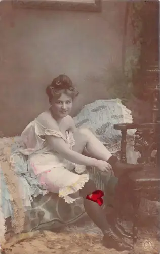 B449 Glamour Risque Woman Getting Dressed Putting Socks on RPPC Postcard