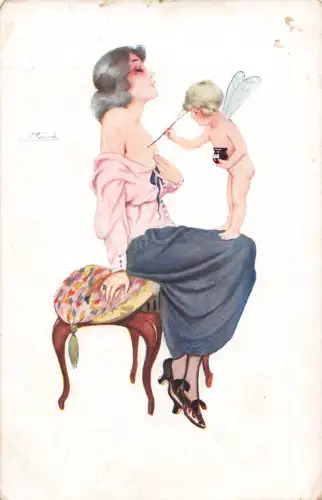 B449 Risque Mouches Signiertes Suz Meunier Cherub Gemälde auf Frauentruhe Postkarte