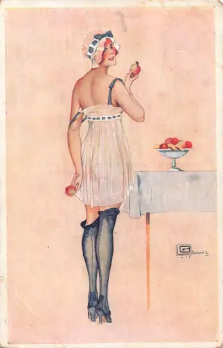B449 Intimite de Boudoir par G Leonnec Risque Lady eating Apples Postkarte