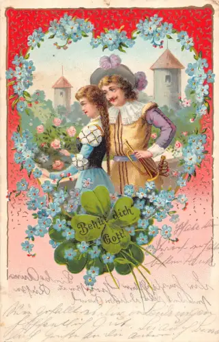 Gott sei mit dir 1904 Paar Flirt Trompete Kleeblatt Vergissmeinnicht Herz Postkarte