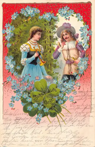 Liebe 1904 Paar musikalische Trompete Kleeblatt Vergissmeinnicht Herz Postkarte