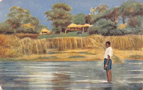 Sambia Nordrhodesien Msoro Station Einheimischer Junge badet im Fluss Postkarte