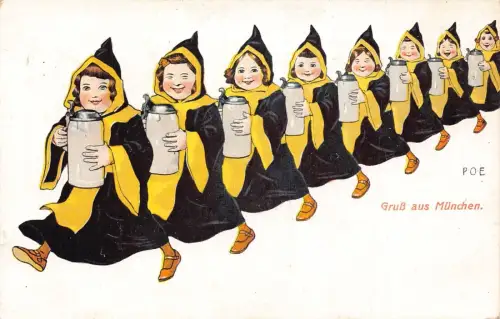 A064 Gruss aus München 1923 Mönche Mädchen Umhänge Bierdosen Stein POE Postkarte