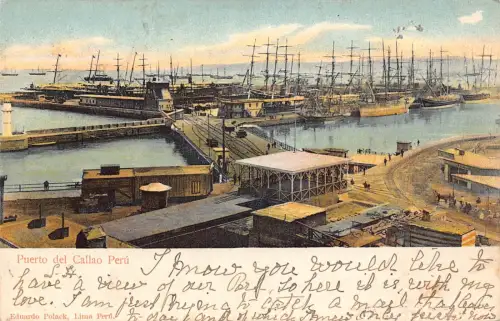 A879 Peru Puerto del Callao Hafen Schiffe Eisenbahn Vintage Postkarte
