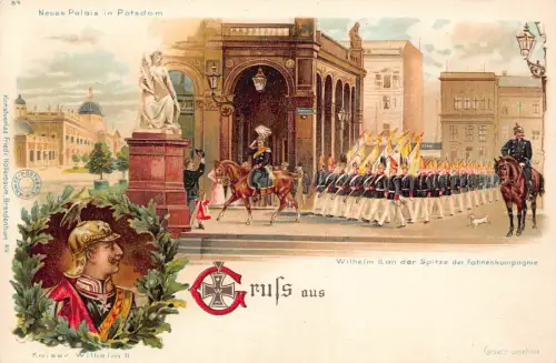 L003 Deutschland Gruss aus Potsdam Neuer Schlossumzug Kaiser Wilhelm Litho Postkarte