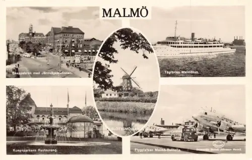 A710 Schweden Malmö Multi-View Dampfschiff Flugzeug Brunnen Windmühle Postkarte