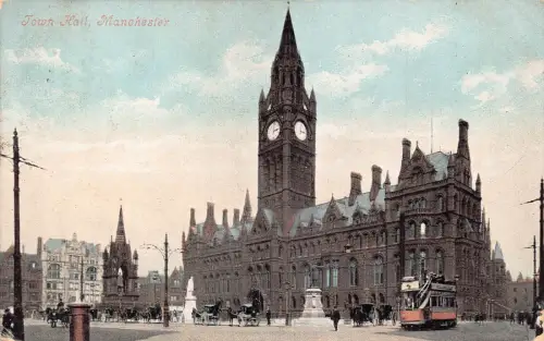 A887 England Rathaus Manchester Doppeldecker Straßenbahn Vintage Postkarte