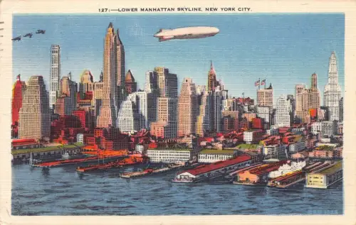 B028 US New York City 1945 Lower Manhattan Skyline Zeppelin Vintage Postkarte