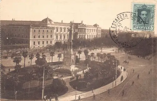 L142 Spanien 1923 Madrid Plaza de Colon Nationalbibliothek Säule Vintage Postkarte