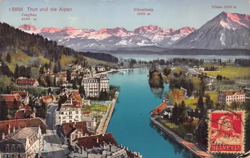 L144 Schweiz 1920 Thun und die Alpen Apls Berge Vintage Postkarte