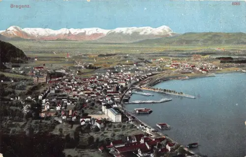 A074 Österreich 1913 Bregenz Totalansicht Hafen Boote Vintage Postkarte
