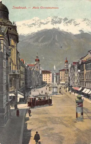 A069 Österreich 1907 Innsbruck Maria Theresienstraße Straße Straßenbahn Berg Postkarte