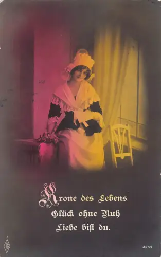 A062 Romanisches Gedicht 1912 Schöne Frau Dame posiert Rosenstrauß Postkarte