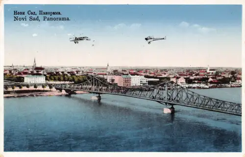 Serbien 1935 Novi Sad Panorama Brücke Flugzeuge Vintage Postkarte