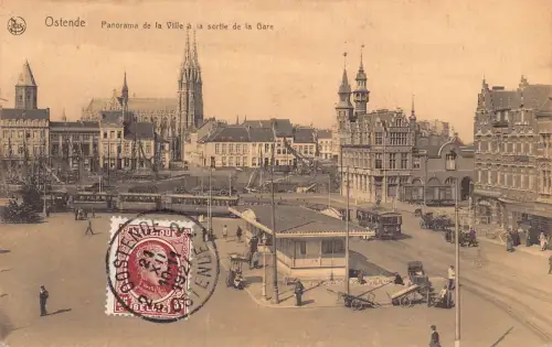 Belgien 1927 Ostende Panorama de Ville Bahnhof Straßenbahn Vintage Postkarte