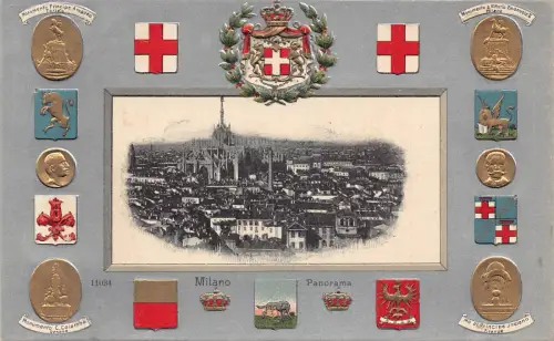 Italien Milano Mailand Denkmäler Wappen geprägt Panorama Passepartout Postkarte