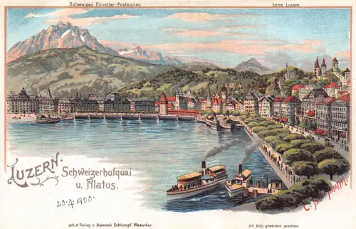 A894 Schweiz Luzern Schweizerhofquai u Pilatus Steambaots Litho Postkarte