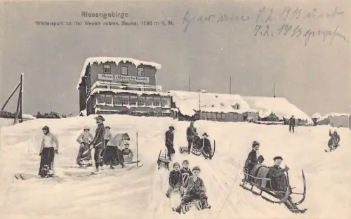 Polen Kinder auf Schlitten Riesengebirge Scles Postkarte