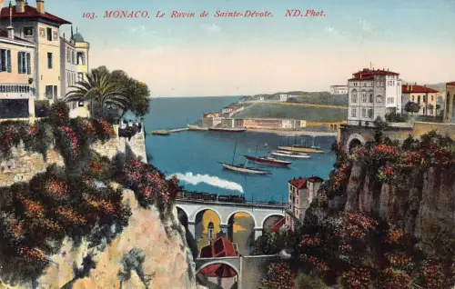 A756 Monaco Ravin de Sainte Devote Dampflok Viadukt Boote Vintage Postkarte