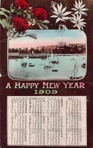 A757 Australien 1909 Neujahrskalender Manly Cove Segelboot Blumen Postkarte