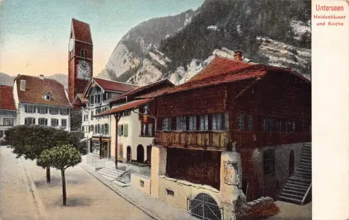 A760 Schweiz Unterseen Heidenhaeuser und Kirche Kirchenhaus Postkarte