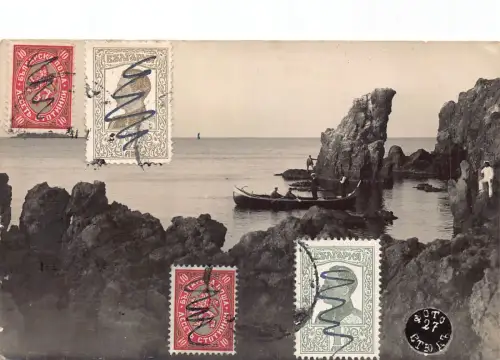 Bulgarien Varna Meerblick Klippen Männer im Boot Vintage Postkarte