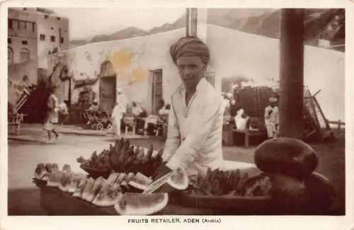 L483 Jemen Aden Früchte Verkäufer ethnisch RPPC Vintage Postkarte