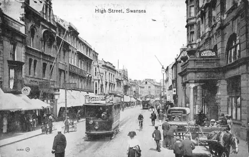 A775 England 1908 High Street Swansea Gossages Straßenbahn Hotel Cameron Postkarte