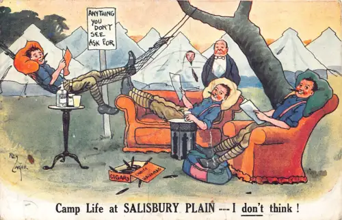 A776 England 1907 Camp Life at Salisbury Plain Zigarren rauchende Hängematte Postkarte