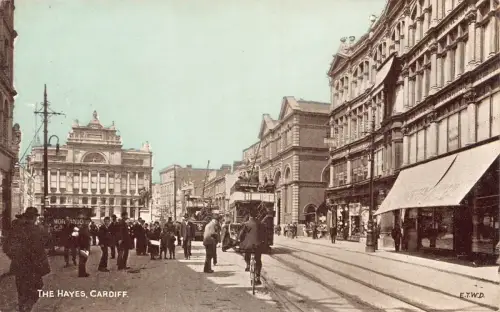 A777 Wales Cardiff The Hayes Doppeldecker Straßenbahn Radfahrer Vintage Postkarte