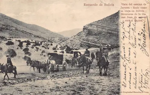 L335 Grüße aus Bolivien Juruma Straße Pferdekutschen Vintage Postkarte