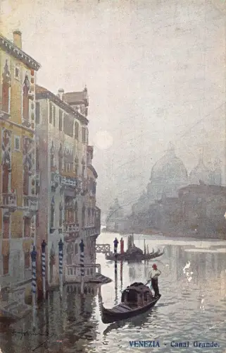 A084 Italien Gemälde signiert Venezia Kanal Grande Mondschein Gondel Postkarte