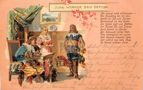 B045 Jung Werner beim Grafen 1903 Mittelalter Mann Pfeife rauchende Magd Katze Postkarte