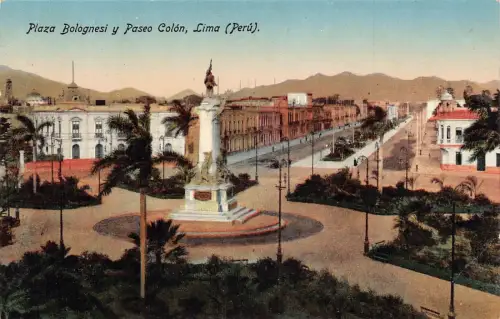 L331 Peru Plaza Bolognesi y Paseo Colon Lima Statue Platz Vintage Postkarte