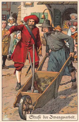 B048 Mittelalter Kunst Straßenkehrmaschine Strase der Zmangsarbeit Jobart Postkarte