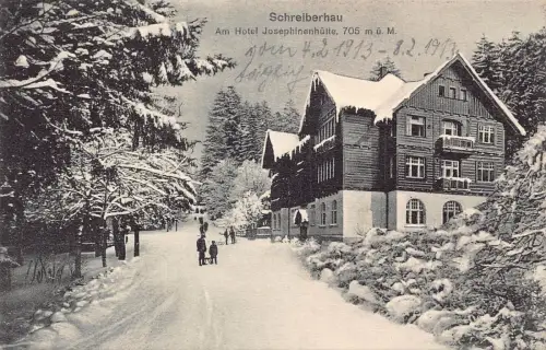 Polen Schreiberhau Szklarska Poreba Hotel Josephinenhütte Schlitten Postkarte