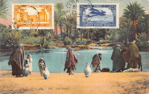 Marokko 1929 Une Oase Pfund Frauen nehmen Wasser Mädchen Vintage Postkarte