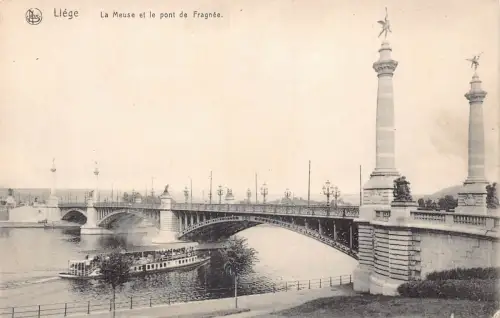 A903 Belgien Liege Meuse et pont de Fragnee Boats Bridge Vintage Postkarte