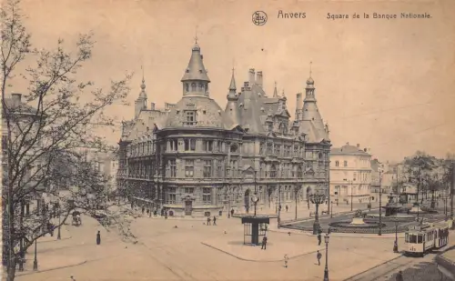 A903 Belgien Anvers Antwerpen Square de Banque Nationalbank Straßenbahn Postkarte